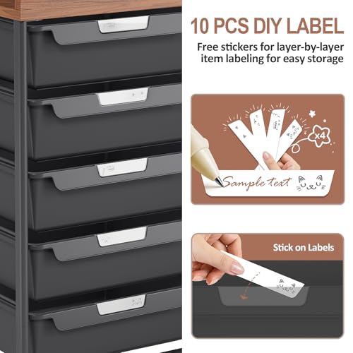 10 Drawers Rolling Cart with Wooden Tabletop, Utility Storage Cart with Wheels, Art Supply Craft Organizer on Wheel with Metal Frame & Handles for Home Office School,Black