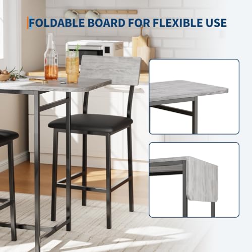 GarveeHome Bar Table and Chairs Set for 2, 3-Piece Bar Table Set with Storage Shelves, Cup Holder & Wine Rack, PU Leather Bar Stools, Small Dining Table for 2 for Kitchen, Breakfast Nook, Gray