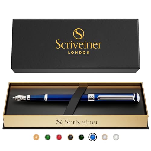 Scriveiner Midnight Blue Fountain Pen - Stunning Luxury Pen with Chrome Appointments, Schmidt Nib (Fine), Best Pen Gift Set for Men & Women, Professional, Executive, Office, Nice Pens