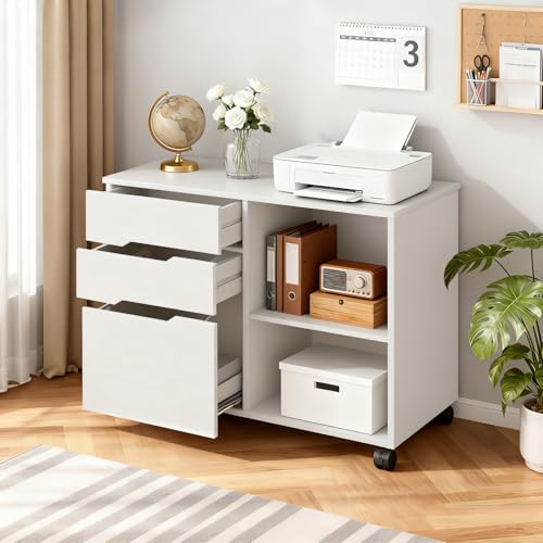 FDW 3 Drawer Lateral File Cabinet Mobile File Cabinet with Open Storage Shelves Office Printer Stand & Under-Desk Organizer with Wheels for Home Office,White