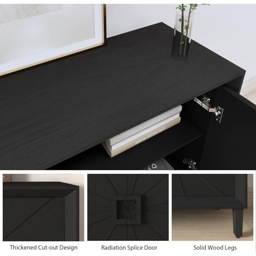 WEALTHKING Industrial Style 4-Door Wooden Credenza with Arc Base & Vintage Clasps - Versatile Storage Cabinet for Living Room, Entryway Console or Home Office Furniture (Black,C)