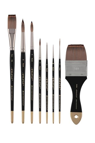 New York Central Oasis Synthetic Brush - Assorted Set of 8 - Handmade in Germany, Professional Watercolor Brushes with Ergonomic Handle, Soft, Absorbent Bristles for Artists