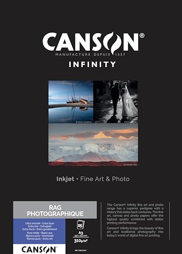 Canson Infinity Rag Photographique Smooth White Inkjet Photo Paper, 310gsm, A3, 25 Sheets, Acid-Free, Ideal for Professional Photographers