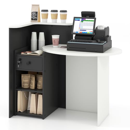 Byroce Reception Desk, Front Desk Reception Counter with Oval Desktop, Open Shelf & Lockable Drawer, Small Retail Checkout Counter Table, Wood Computer Workstation for Home, Office, Lobby & Salon