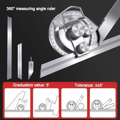 Xoiasth Universal Bevel Protractor, 0-360 Degree Stainless Steel Adjustable Angle Measuring Finder with Magnifier, Goniometer Angular Ruler, 3 Detachable Rulers (150/200/300mm)