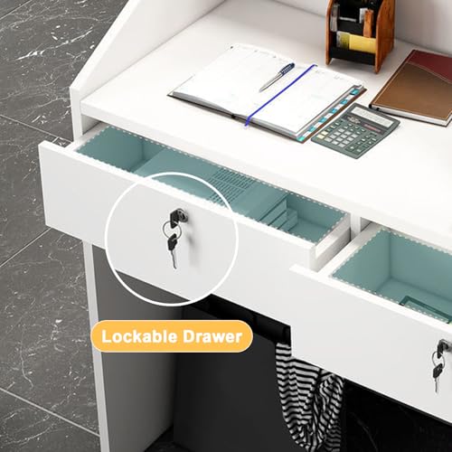 Walisk Modern Reception Desk with Lockable Drawer and Open Shelves, Rectangular, White and Walnut, 60x38x92cm, Office, Working
