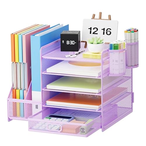 HurtSong Desk Organizers and Accessories with File Holder, 5-Tier Desk Accessories & Workspace Organizers with Drawer and 2 Pen Holder, Paper Organizer for Office Supplies(Purple)