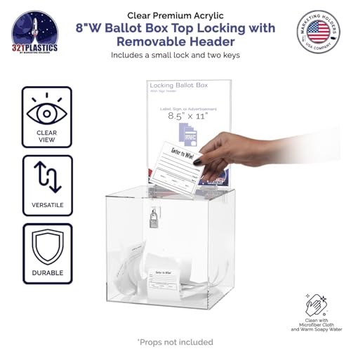 Marketing Holders 8 Inch Locking Ballot Box with Removable 8.5" x 11" Header Sign Holder Clear Acrylic Cube Suggestion Bin