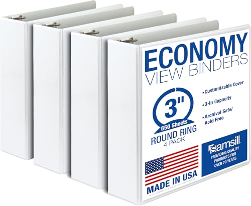 Samsill 3 Inch 3 Ring Binders, Economy Round Ring, Clear View Cover, 550 Sheet Capacity - for School, Home, Office - White, 4 Pack