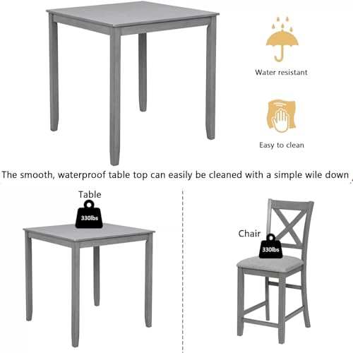 Trygoal Dining Table Set for 4, Modern Counter Height Kitchen Dining Set, Wooden Table and Chairs with Increase Height Square Table, 4 Upholstered Chairs with Foot Rail for Apartment, Home, Grey