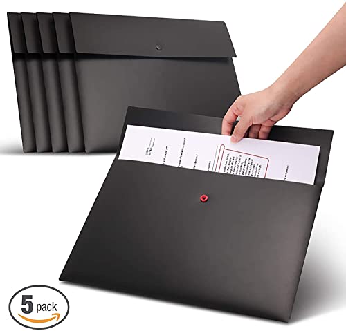 ONMYJFD 5 Pack A4 Letter Size File Folder Pockets File Jacket Plastic Envelope Flat Document Letter Organizer with Snap Button Closure(D)