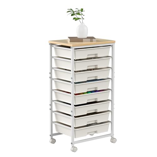 Rolling Cart with 8 Drawers, 8‑tier Drawer Organizer with Wooden Tabletop & Lockable Wheels, Rolling Storage Cart with Drawers for Home, Office, Classroom and Pantry Storage (White)