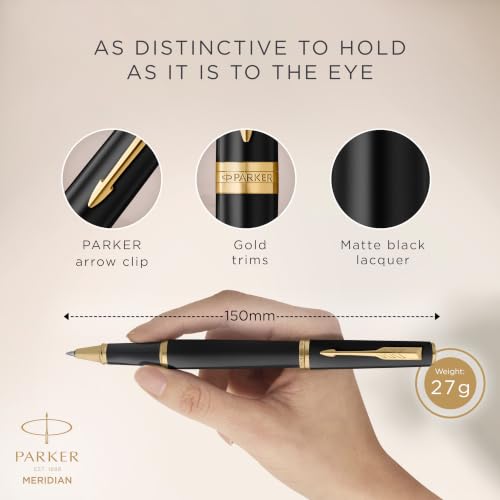 PARKER Meridian Rollerball Pen | Matte Black Lacquer with Gold Trims | Fine Nib | Handwriting Pens & Stationery Supplies | Black Ink | Luxury Gift Box