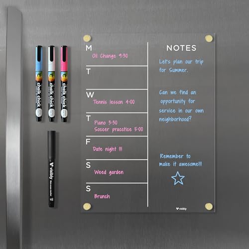 Visibly Magnetic Acrylic Weekly Planner for Fridge 9” x 12”, Clear Wet Erase Meal Planner & Notes Board, Refrigerator Organizer with 4 Magnetic Markers and Silver Corner Magnets