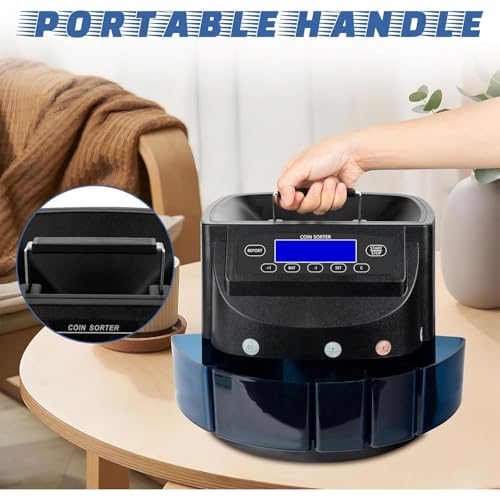 60W USD Coin Counter Machine, Coin Sorters for 1￠ 5￠ 10￠ 25￠ $1, with 5 Coin Bins & 5 Tubes, Tray Capacity: 300-500 Pieces& Coin Receiving Box Capacity: 80~150 Pieces, Holds 2000 Coins, for Cashier