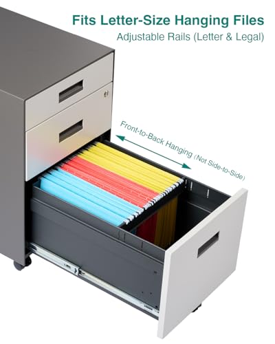 YEB Comfort 3 Drawer File Cabinet with Lock - Under Desk Metal Filing Cabinet, Legal/Letter File Folders, Wheels, Fully Assembled, White/Gray