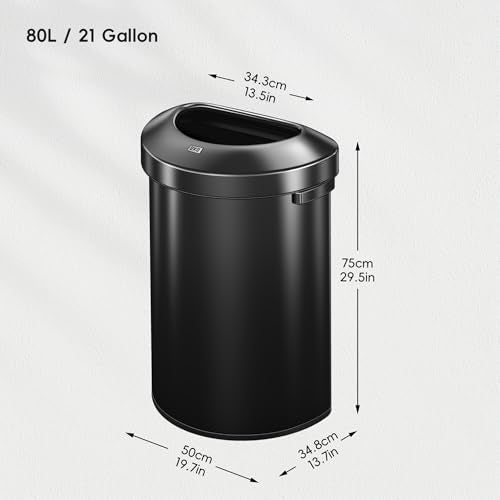 EKO Urban 21 Gallon Semi-Round Open Top Waste Bin, Stainless Steel Half Round Commercial Trash Can for Indoor and Outdoor, Extra Large Garbage Bin for Home, Office, Restaurant, 80L, Matte Black
