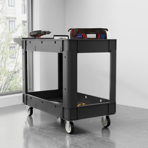 Our Modern Space Commercial Grade 2 Shelf Utility Cart with Wheels - Rolling Tool Trolley, Heavy Duty Service Push Cart for Business Warehouse Office Restaurants Ecommerce Garage