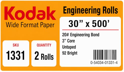 KODAK Wide Format Paper 30 x 500 FT 20# Engineering Bond, 3" Core, 2 Rolls/Ctn