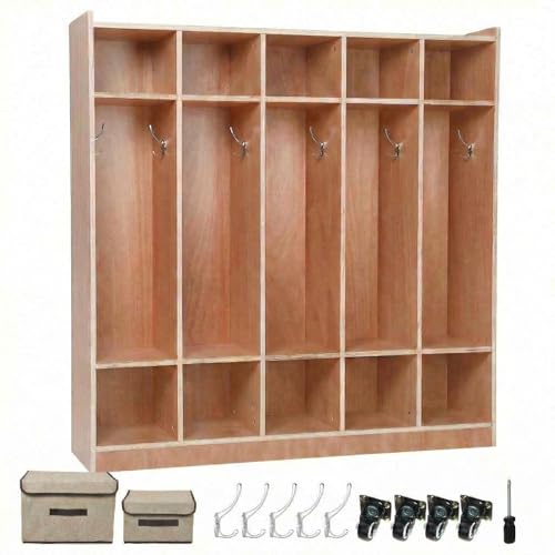 Arsupen Coat Locker with 10 Cubbies and 5 Hooks, Classroom Storage Cabinet for Daycare and Preschool, Mobile Wood Cubby Organizer with Wheels and Glazed Finish for Home, School and Mudroom