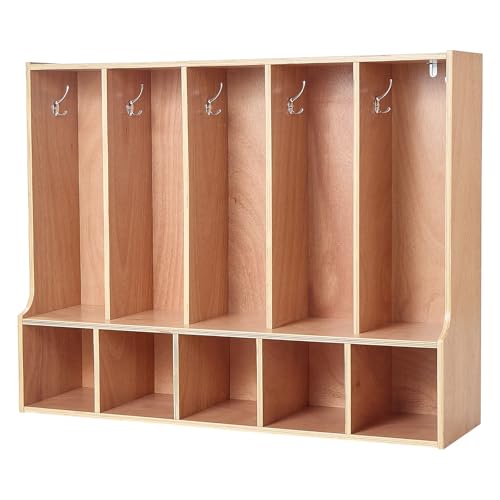 VEVOR 5-Section Coat Locker with Bench, Kids Lockers with 10 Hooks & Non-Slip Mat, Classroom Cubbies for Daycare, Home, Kindergarten- Natural