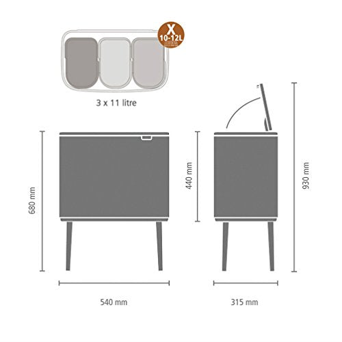 Brabantia Bo Touch Top Kitchen Trash Can with Three Compartments & Raised Legs | Matt Steel FPP | 3 x 3 Gal Inner Buckets | Soft-Close Garbage Can, Stay-Open Lid | Fits Against Wall | + Trash Bags