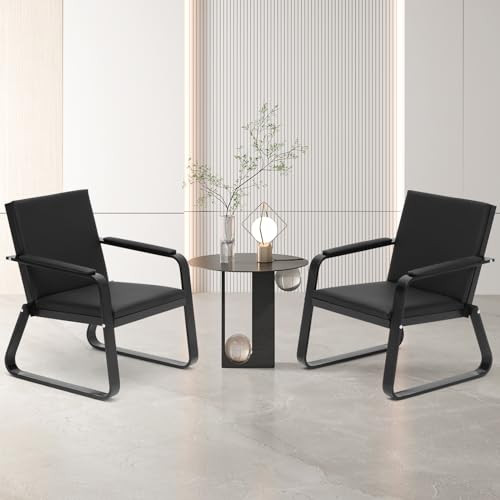 wonline 2Pcs Waiting Room Chair with Armrest Black PU Leather Office Furniture, Office Guest Seating Lobby Conference Reception Chairs for Airport Clinic Hospital Bank Salon Barber