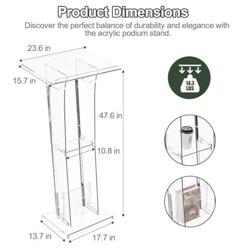 Dethan Acrylic Clear Lecterns Podium Stand, 48 Inch - Pulpits with Storage Shelf for Churches, Conference, Speeches, Weddings, Classrooms, Professional Presentation Podiums (Transparent)