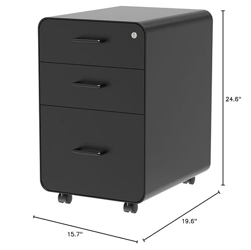 Monoprice Round Corner 3-Drawer File Cabinet - Black with Lockable Drawer - Workstream Collection, 3 Drawer (137876)