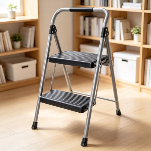 PIZENFC Gray Black Foldable 2 Step Stool, Steel Frame, 225 Lbs Capacity