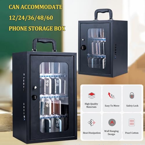 PetterShop Stainless Steel Wall Mounted Phone Boxt,Phone Storage Cabinet,with Lock & Soft Lining, Pocket Chart Cell Phone Holder for Classroom (Color : Black, Size : 60)