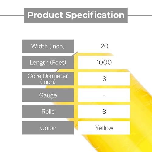 PSBM 8 Rolls Yellow Stretch Film/Wrap 20 Inch x 1000 Feet, 70 Gauge Heavy Duty Industrial Strength Shrink Plastic Wrap for Moving, Packing, Shipping, Pallet Wrapping & Storage