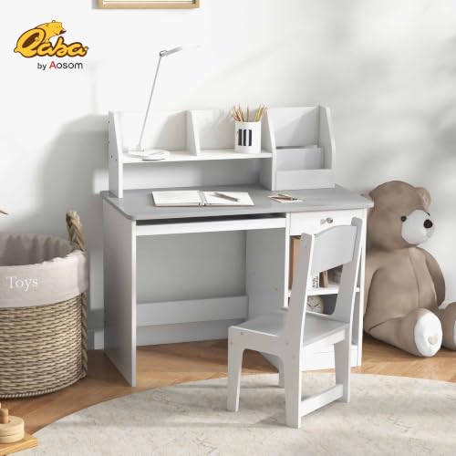 Qaba Kids Desk and Chair Set with Storage for Children 5-8 Years Old Gray