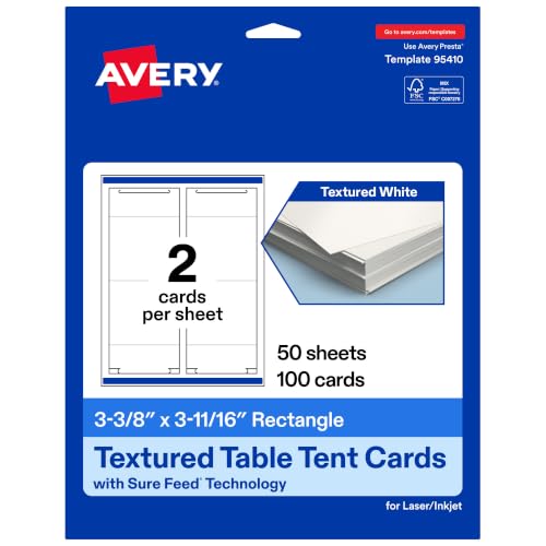 Avery Printable Rectangle Table Tent Cards, 3-3/8" x 3-11/16", Matte Textured White, Sure Feed Technology, Print-To-The-Edge Capability, Laser/Inkjet Compatible, 100 Total