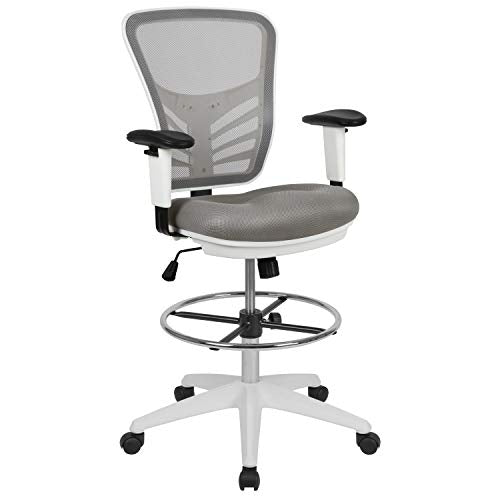 BizChair Mid-Back Gray Mesh/White Frame Adjustable Ergonomic Drafting Chair, Task Chair