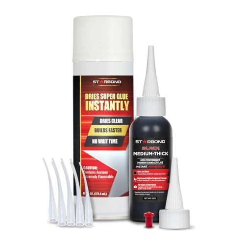 STARBOND 2 oz Black Medium-Thick Premium CA Glue, 6 oz Aerosol Accelerator Bundle, Cyanoacrylate Adhesive Super Glues, for Woodworking, Wood Knots and Voids, Woodturning, Guitar, Hobby