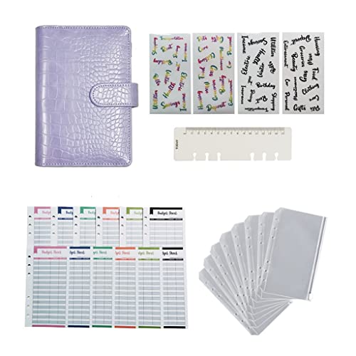7MCCVAZXX A6 Crocodile PU Leather Notebook Binder Budget Planner Organizer with 6 Ring Cover Pockets and 12 Pieces Expense Sheets (Color : F, Size : 13 * 18.3cm) (E 13 * 18.3cm)