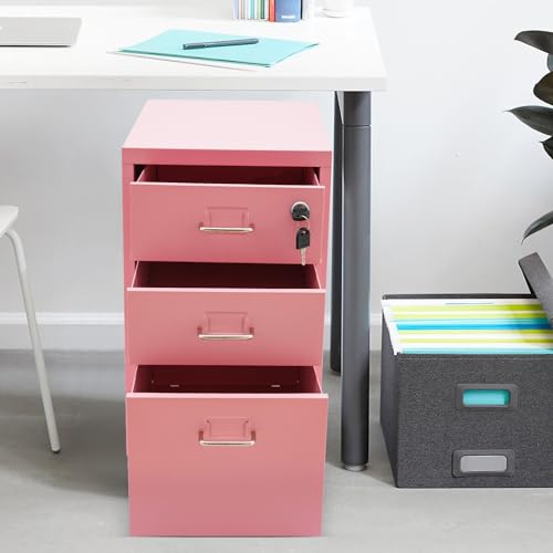 DAERNA 3 Drawer File Cabinet with Lock - Steel Vertical File Moveable Filing Cabinet for Home Office - for Letter, Legal, A4, F4 Size, Jewelry and Crafts (Pink)