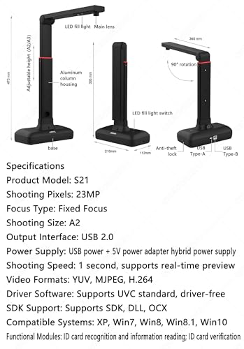 SHENGSHIYU A2 Overhead Scanner 23MP,Curved Flattening,Ocr,Background Removal,Auto Deskew,Video Recording,Qr/Invoice Recognition,Book Scan,LED Light,Portable Scanner for Archiving,School & Office