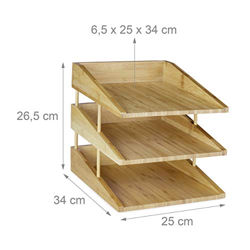 Relaxdays Document Filing Tray, Stackable, DIN A4 Letter Rack, Office, Desk, Bamboo, 3 Tiers, Natural