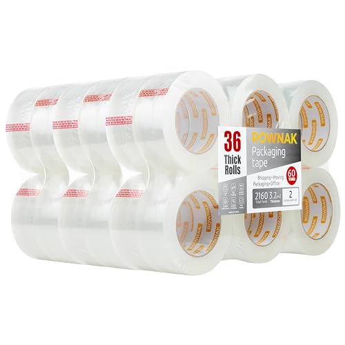 ROWNAK Clear Packing Tape 36 Rolls - Heavy Duty Packaging Tape 3.2mil Thick, 2.0 in. Wide x 60 Yards - Strong Adhesive, Silent, Reliable Package Tape for Home Office Shipping Moving Sealing