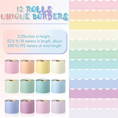 Bulletin Board Borders 12 Roll 630 Feet Ful Bulletin Board Borders Bulk for Classroom Decoration Scalloped Rolled Border Trim for Back to School Chalk(Pastel Color)