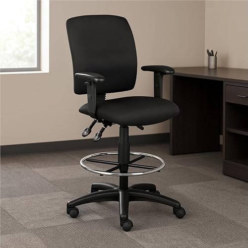 Benzara Jea Drafting Stool, Seat Tilt Lock, Adjustable Arms, Black Crepe