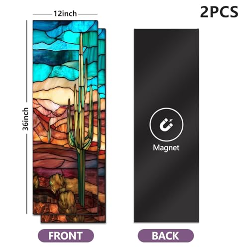 CEREJYPUZ 2 Pcs Locker Magnetic Wallpaper Multi Dimensional Stained Glass Western Desert Scene Cactus 12" x 36" Wall Magnetic Sticker Removable Locker Accessories Decor Easy Install for Office School