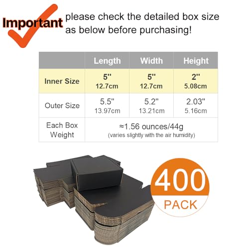 CH-BOX 400 Pack 5x5x2'' Small Shipping Boxes, Corrugated Cardboard Mailers for Business, Black (CM552B-400)