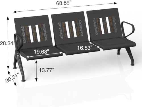 wonline 3-Seat Waiting Room Bench with Arms, Heavy Duty Steel Frame Guest Seating, Office Reception Chairs for Lobby Clinic Hospital Airport Bank Salon