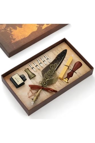 SODEF Professional Calligraphy Divit Inkwell Pen Set with 5 Nibs, Wax Seal, Stamp & VIP Box - Gray