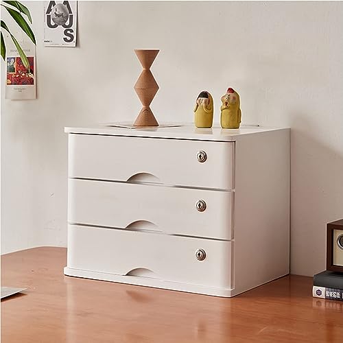 Desktop Storage Box With Drawers - Desktop File Cabinet, Desktop File Cabinet Organizers, 1/2/3/4 Tier With Lock Flat File Cabinet Storage, Wooden File Cabinet/Desktop Storage Cabinet (White 3 Drawer