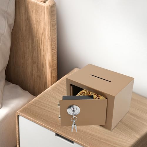 Small Safe Box with Drop Slot, Safety Box for Money, Depository Safe with Drop Slot Mountable CashBox with Lock for Home & Office Security (Gold)