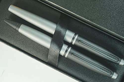 Cross A.T.Cross Calais Gray and Black, with PVD Appointments signature mid Band Selectip Black Gel Ink Rollerball pen and Ballpoint Pen set.